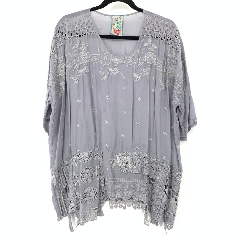 Johnny Was Gray Embroidered Tunic Womens M Lace Eyelet Asymmetrical Boho Blouse